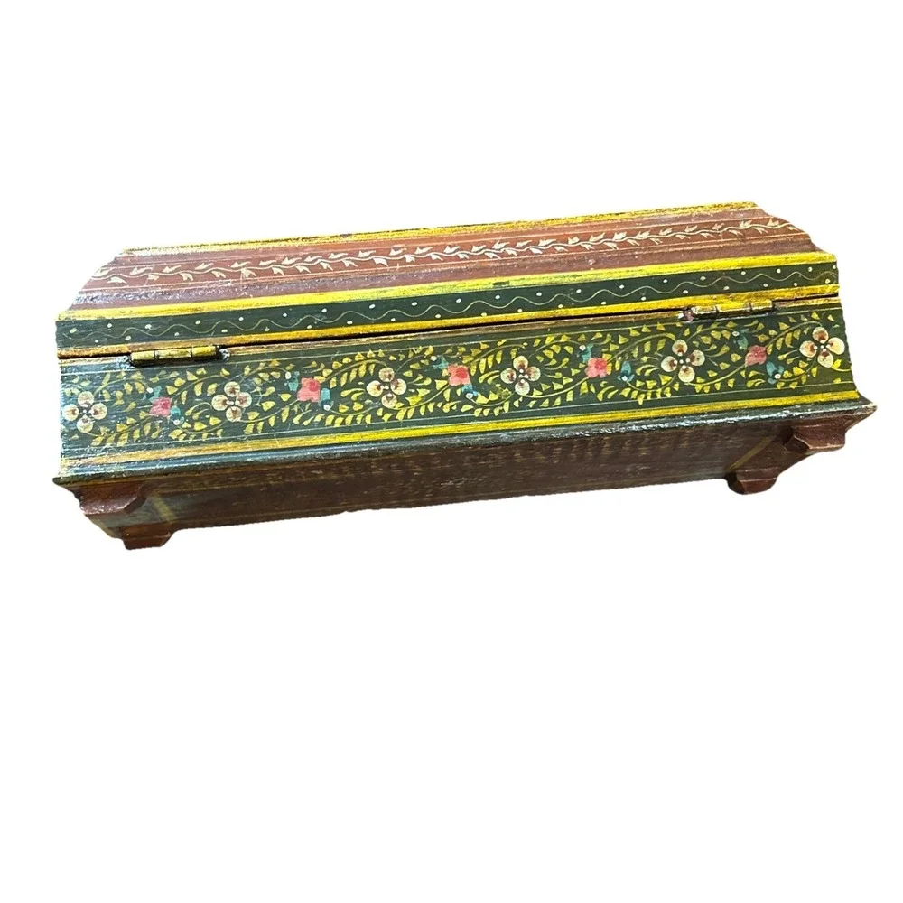 Vintage Wooden Box‎ Ornate Hand Painted Indian Design Jewelry Trinket Storage